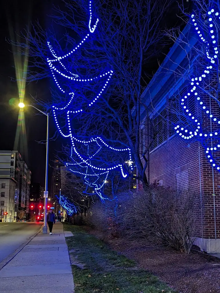 Living lights UPMC Magee, Oakland Business Improvement district custom lighting by projectile objects outside of UPMC Magee Women's hospital from 2021 to 2023